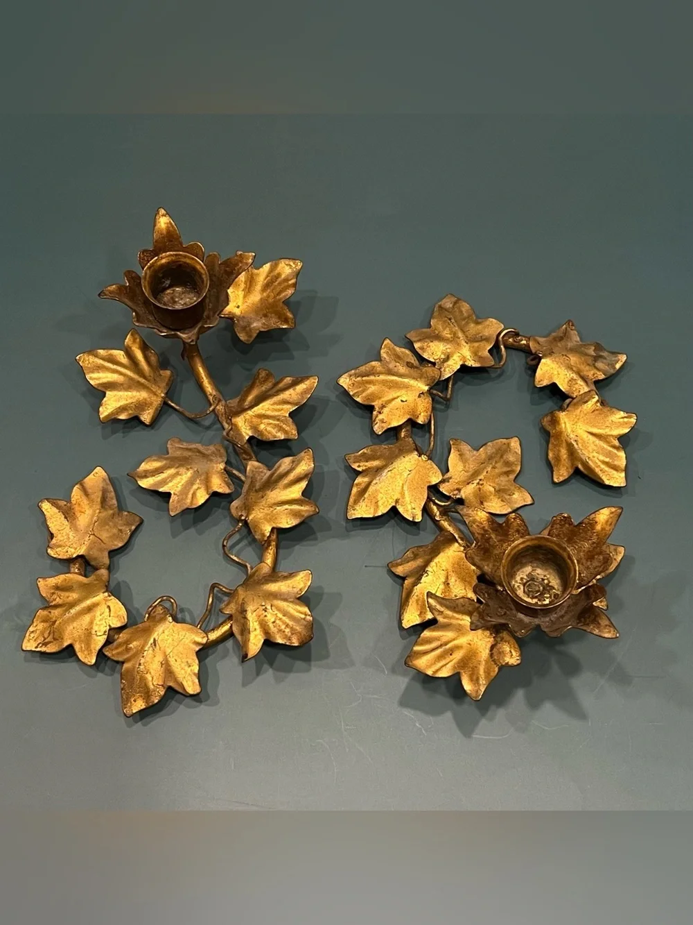 Vintage MCM Italian Gilt Metal Tole Candle Holder Set Ivy Leaf Hollywood Regency